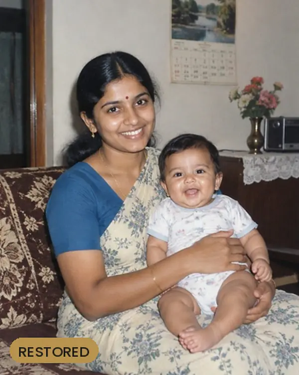 Yellowed mother and baby photo, restored