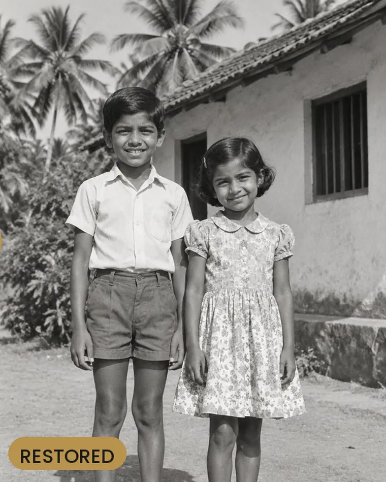 Children photo with fold lines, restored