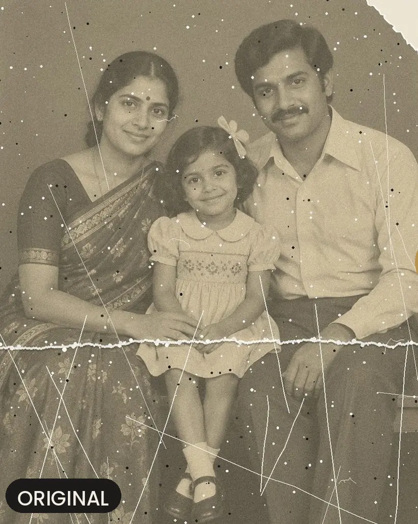 Family portrait with a tear and scratches, original
